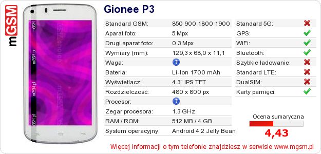 Dane telefonu Gionee P3 Dane telefonu Gionee P3