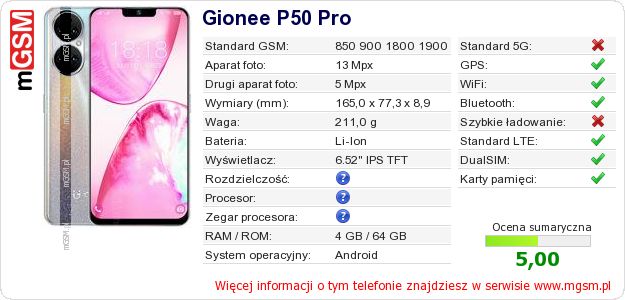 Dane telefonu Gionee P50 Pro