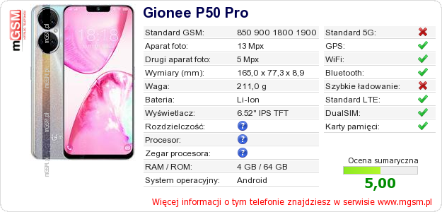 Dane telefonu Gionee P50 Pro Dane telefonu Gionee P50 Pro