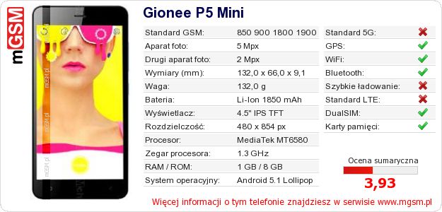 Dane telefonu Gionee P5 Mini Dane telefonu Gionee P5 Mini