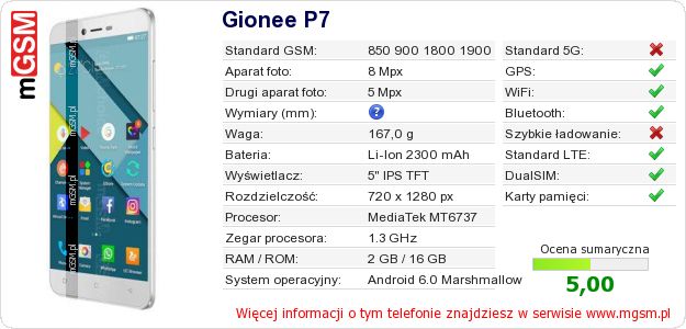 Dane telefonu Gionee P7