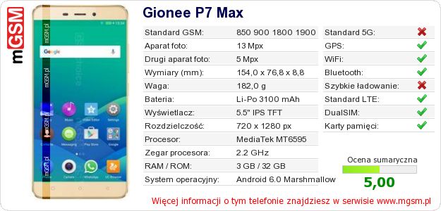 Dane telefonu Gionee P7 Max Dane telefonu Gionee P7 Max
