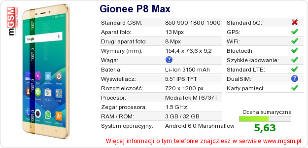 Dane telefonu Gionee P8 Max