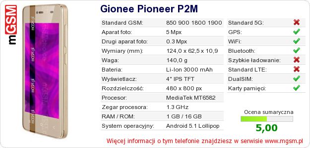 Dane telefonu Gionee Pioneer P2M Dane telefonu Gionee Pioneer P2M