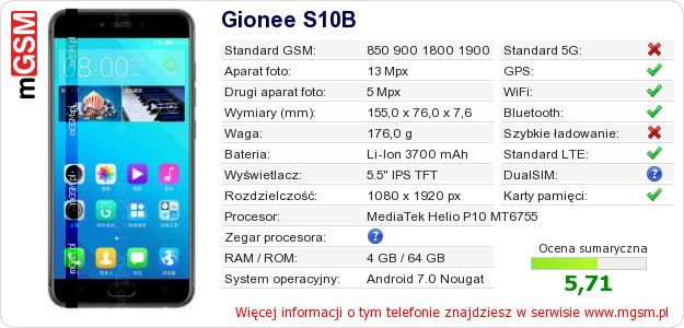 Dane telefonu Gionee S10B