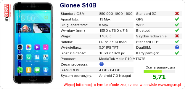 Dane telefonu Gionee S10B Dane telefonu Gionee S10B