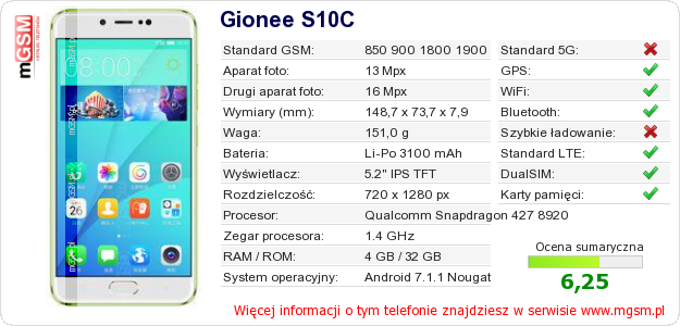 Dane telefonu Gionee S10C