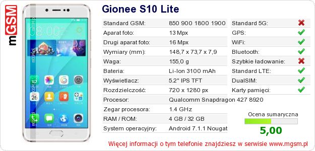 Dane telefonu Gionee S10 Lite