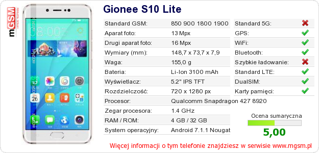 Dane telefonu Gionee S10 Lite