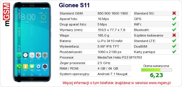 Dane telefonu Gionee S11 Dane telefonu Gionee S11