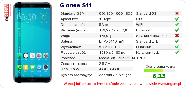 Dane telefonu Gionee S11 Dane telefonu Gionee S11