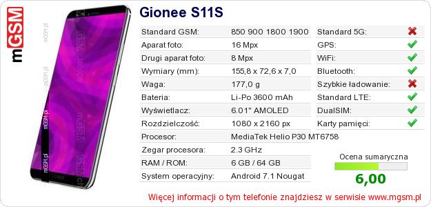 Dane telefonu Gionee S11S Dane telefonu Gionee S11S