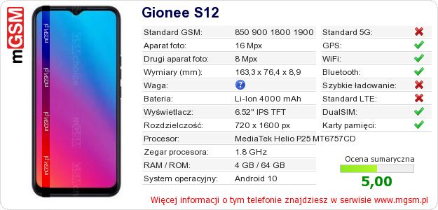 Dane telefonu Gionee S12 Dane telefonu Gionee S12