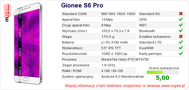 Dane telefonu Gionee S6 Pro Dane telefonu Gionee S6 Pro
