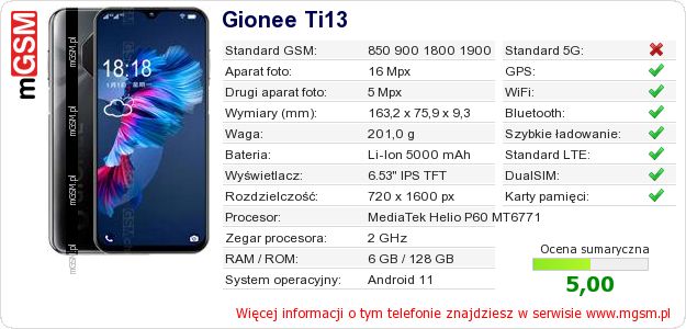Dane telefonu Gionee Ti13 Dane telefonu Gionee Ti13