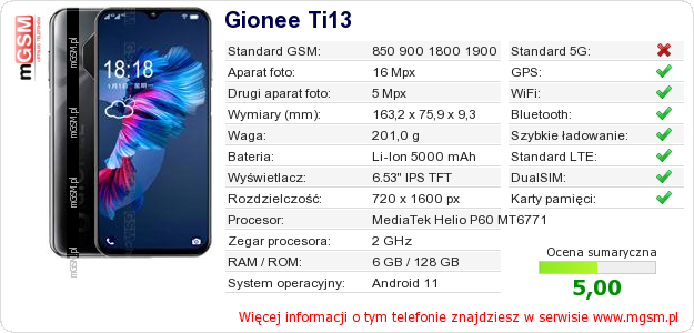 Dane telefonu Gionee Ti13