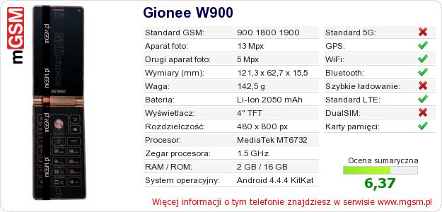 Dane telefonu Gionee W900