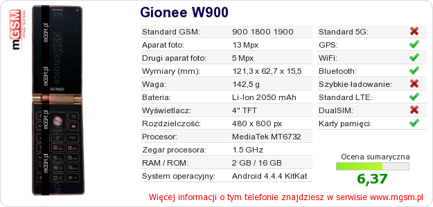 Dane telefonu Gionee W900