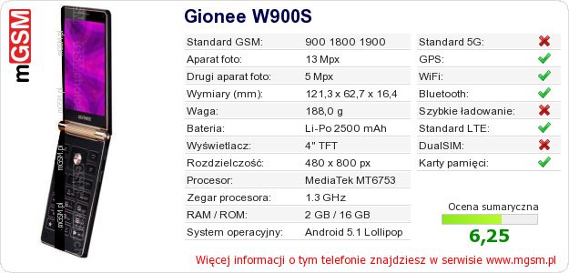 Dane telefonu Gionee W900S Dane telefonu Gionee W900S