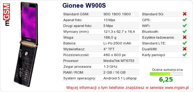 Dane telefonu Gionee W900S