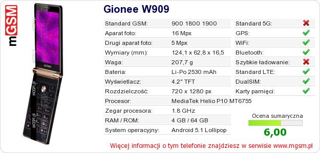 Dane telefonu Gionee W909