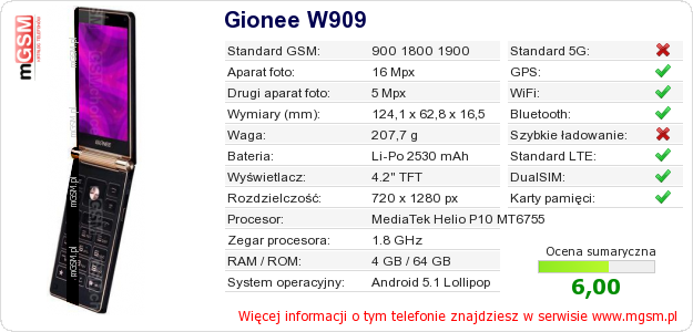 Dane telefonu Gionee W909 Dane telefonu Gionee W909