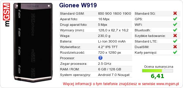 Dane telefonu Gionee W919