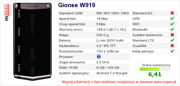 Dane telefonu Gionee W919 Dane telefonu Gionee W919