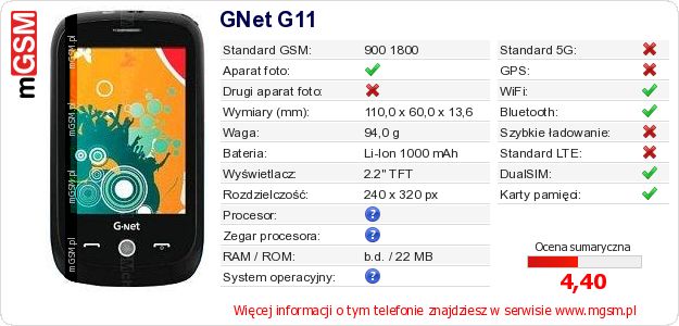 Dane telefonu GNet G11 Dane telefonu GNet G11