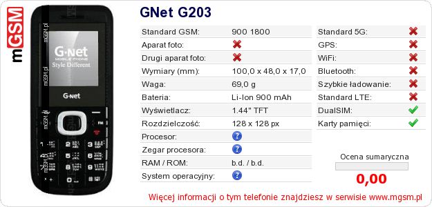 Dane telefonu GNet G203 Dane telefonu GNet G203
