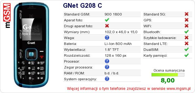 Dane telefonu GNet G208 C