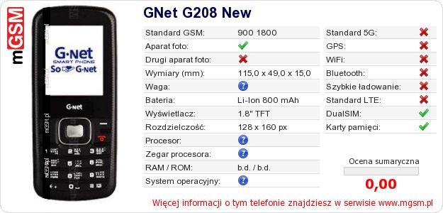 Dane telefonu GNet G208 New Dane telefonu GNet G208 New