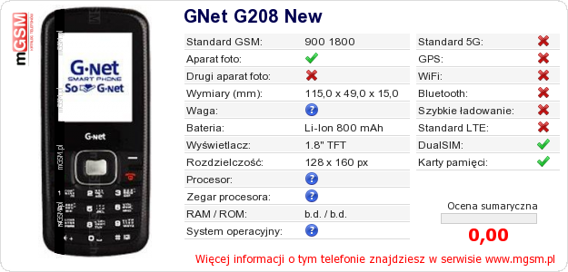 Dane telefonu GNet G208 New