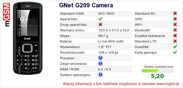 Dane telefonu GNet G209 Camera