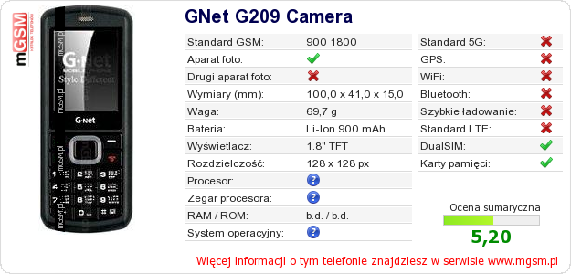 Dane telefonu GNet G209 Camera