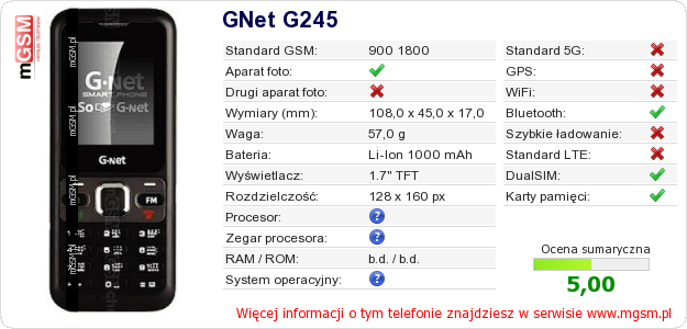 Dane telefonu GNet G245