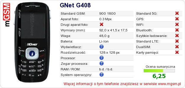 Dane telefonu GNet G408 Dane telefonu GNet G408
