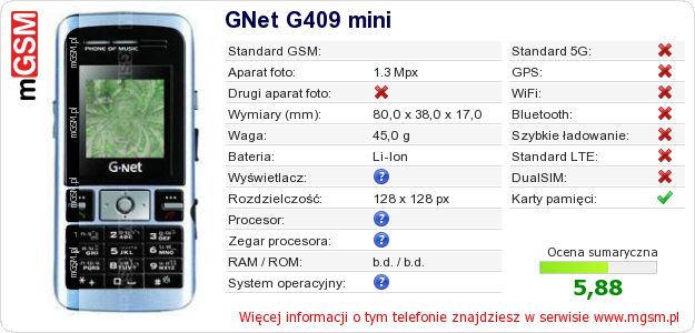 Dane telefonu GNet G409 mini