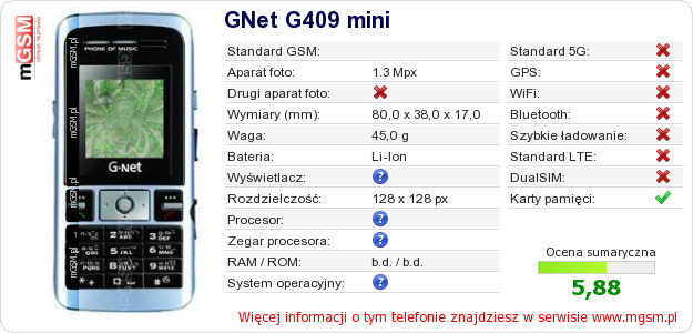 Dane telefonu GNet G409 mini