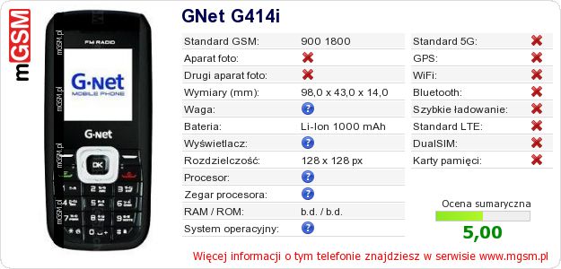 Dane telefonu GNet G414i Dane telefonu GNet G414i