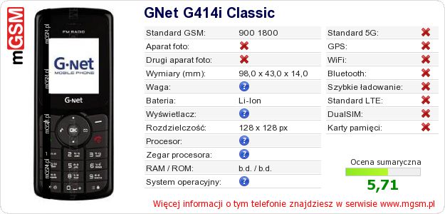 Dane telefonu GNet G414i Classic