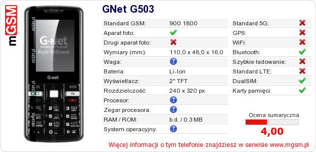 Dane telefonu GNet G503