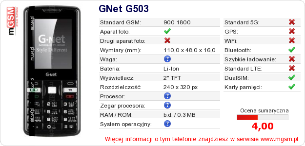 Dane telefonu GNet G503