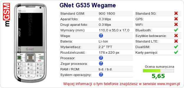 Dane telefonu GNet G535 Wegame