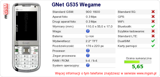 Dane telefonu GNet G535 Wegame