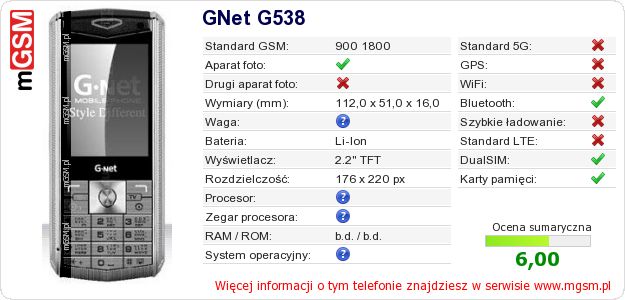 Dane telefonu GNet G538 Dane telefonu GNet G538