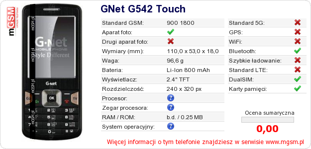 Dane telefonu GNet G542 Touch