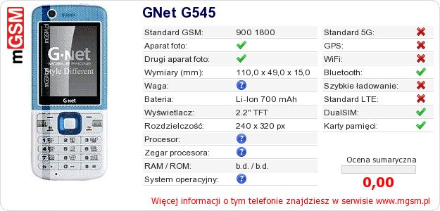 Dane telefonu GNet G545 Dane telefonu GNet G545