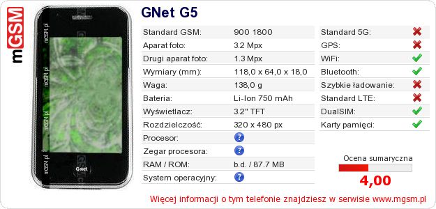 Dane telefonu GNet G5