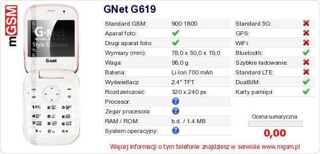 Dane telefonu GNet G619 Dane telefonu GNet G619